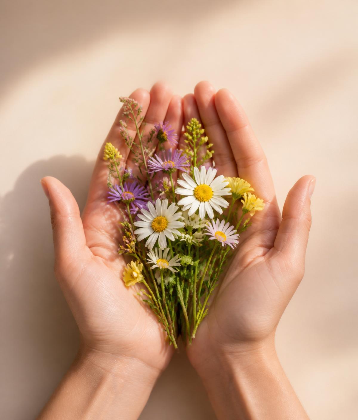 Open hands cradling wildflowers in warm morning light