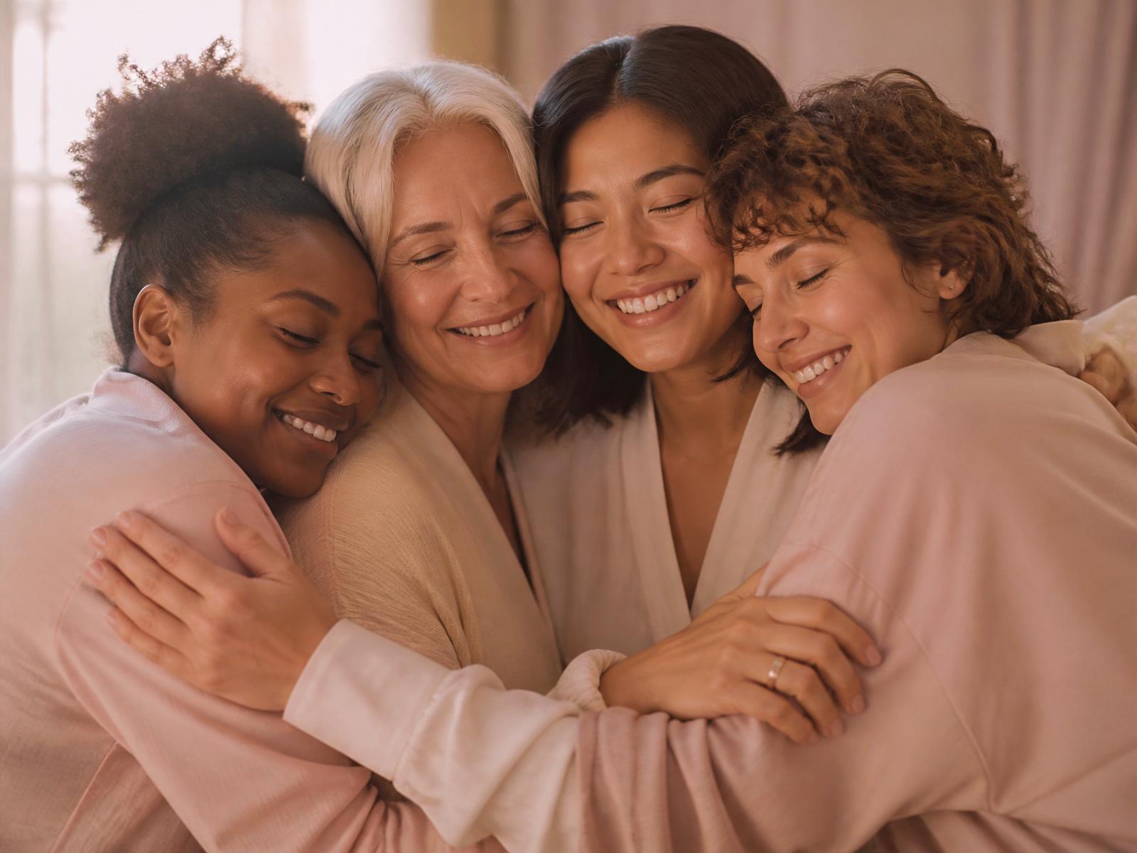 A diverse group of women embracing one another and smiling